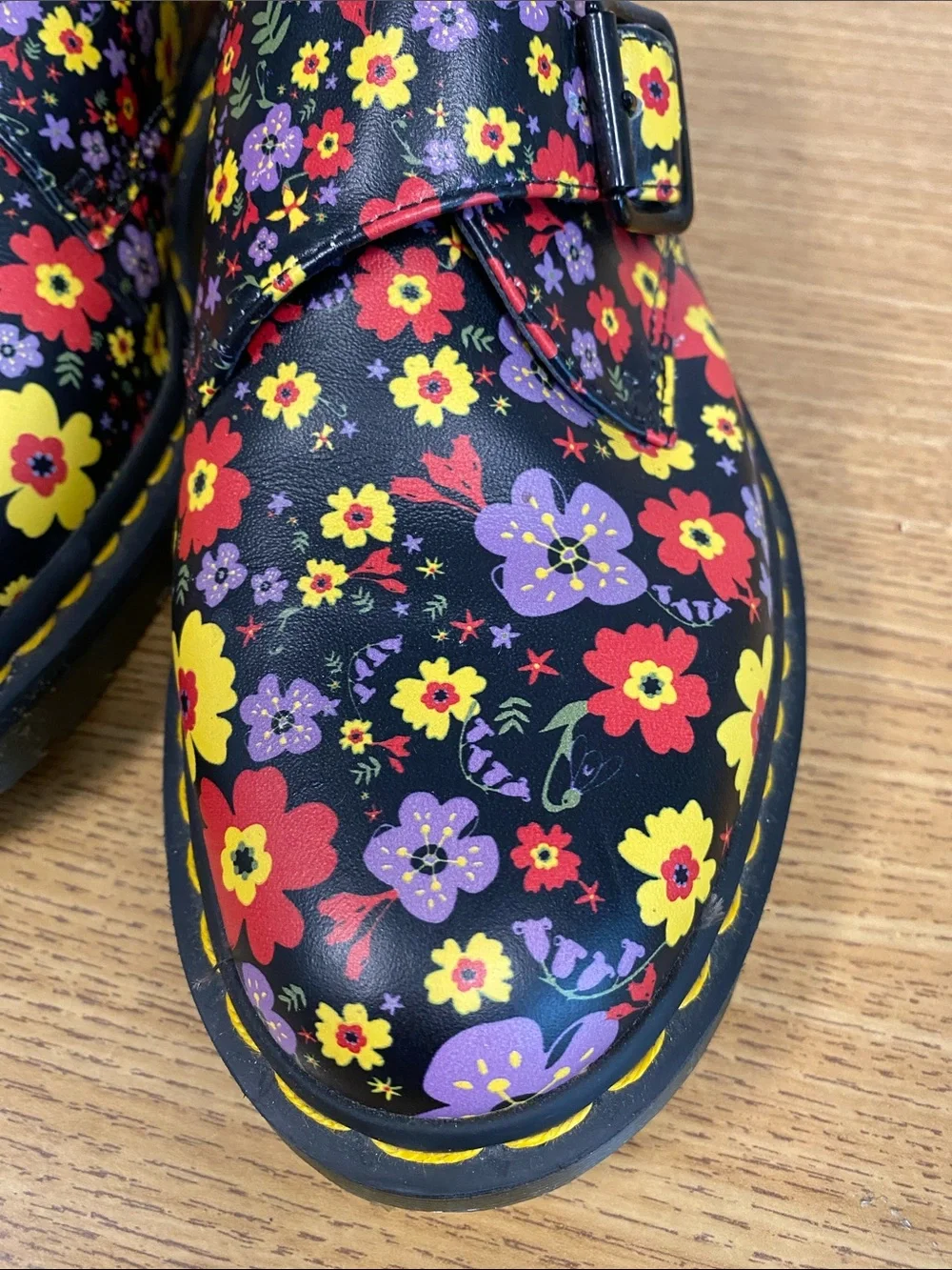 Dr. Martens Women’s Floral Black Leather Buckle Shoes